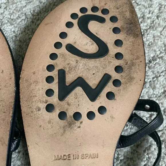 Stuart Weitzman Black Flat Sandals with silver metal accents - Picture 6 of 9